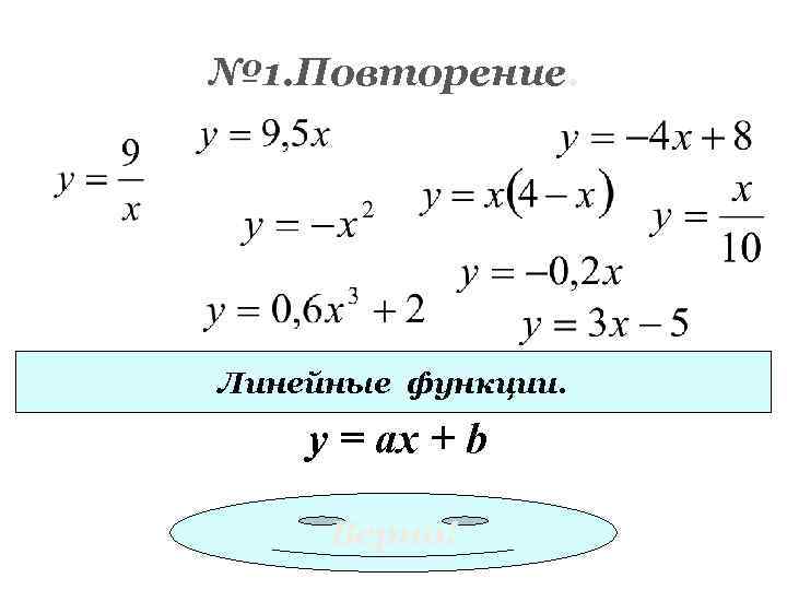 № 1. Повторение. Линейные функции. y = ах + b Верно! 