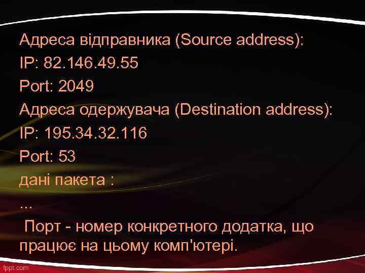 Адреса відправника (Source address): IP: 82. 146. 49. 55 Port: 2049 Адреса одержувача (Destination