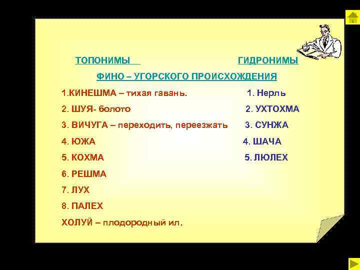 ТОПОНИМЫ ГИДРОНИМЫ ФИНО – УГОРСКОГО ПРОИСХОЖДЕНИЯ 1. КИНЕШМА – тихая гавань. 1. Нерль 2.