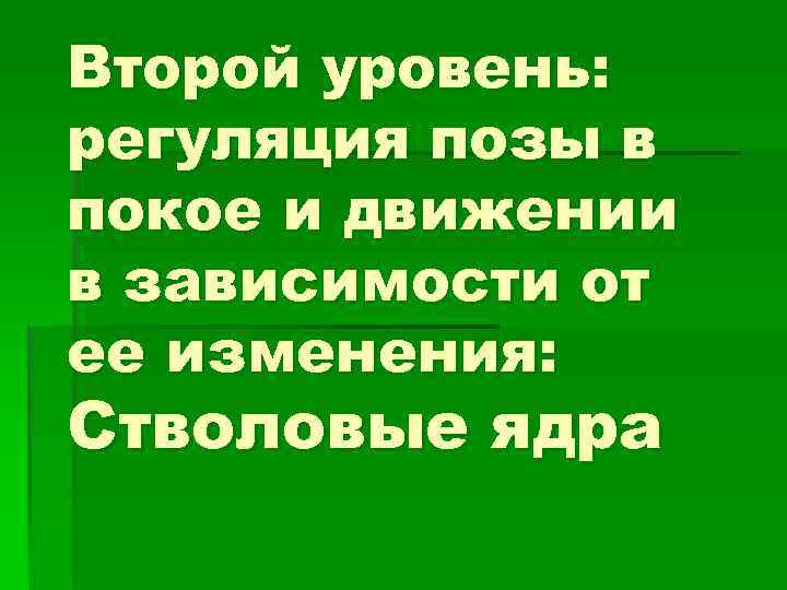 Второй уровень: регуляция позы в покое и движении в зависимости от ее изменения: Стволовые