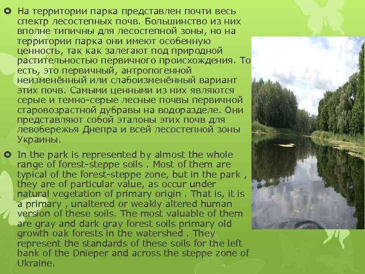  На территории парка представлен почти весь спектр лесостепных почв. Большинство из них вполне