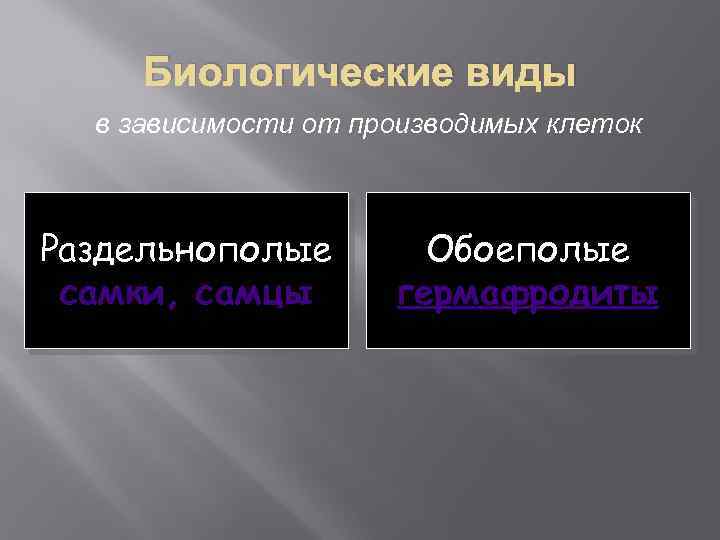 Биологические виды в зависимости от производимых клеток Раздельнополые самки, самцы Обоеполые гермафродиты 