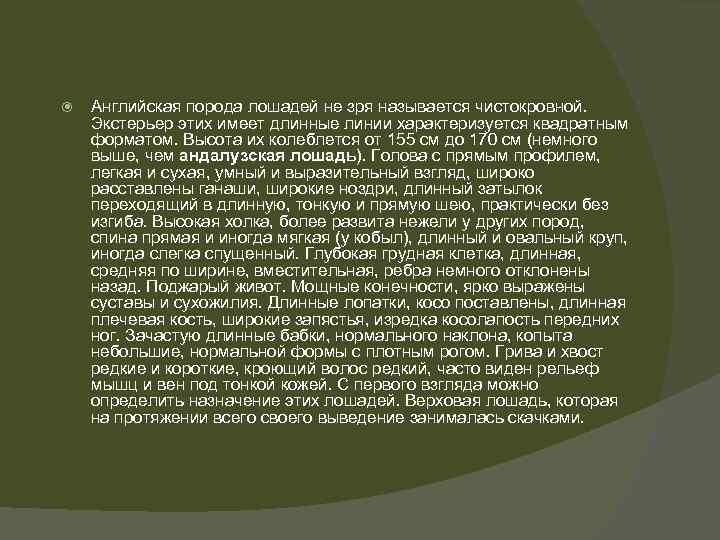  Английская порода лошадей не зря называется чистокровной. Экстерьер этих имеет длинные линии характеризуется