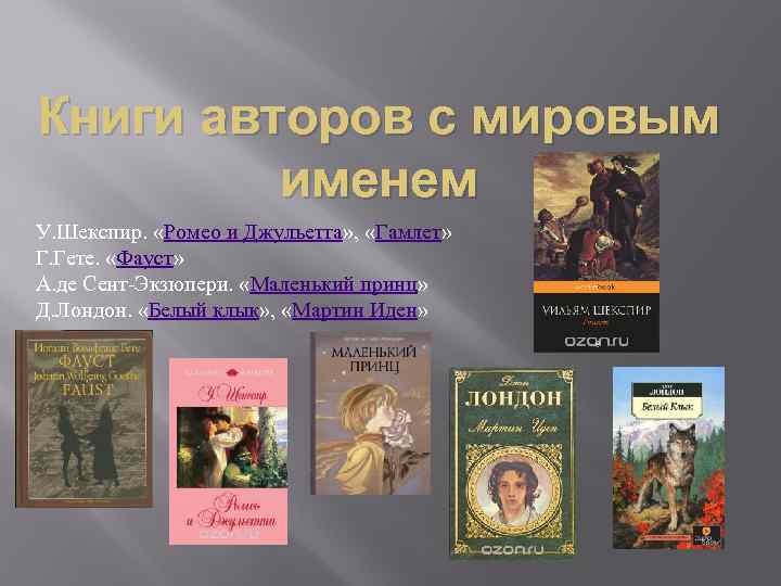 Книги авторов с мировым именем У. Шекспир. «Ромео и Джульетта» , «Гамлет» Г. Гете.