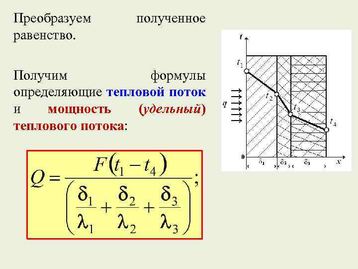 Преобразуем равенство. полученное Получим формулы определяющие тепловой поток и мощность (удельный) теплового потока: 