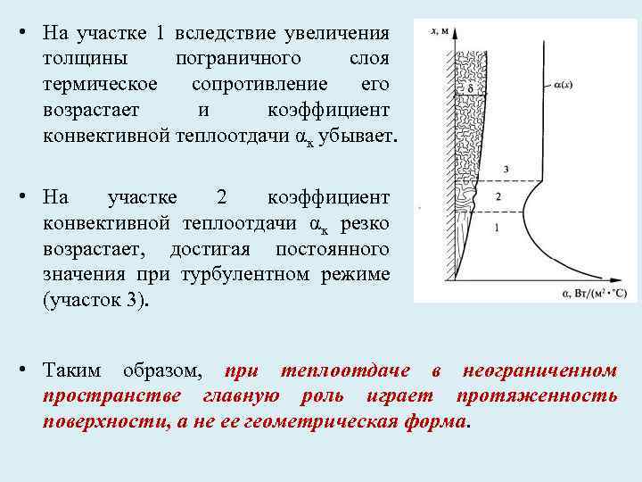  • На участке 1 вследствие увеличения толщины пограничного слоя термическое сопротивление его возрастает