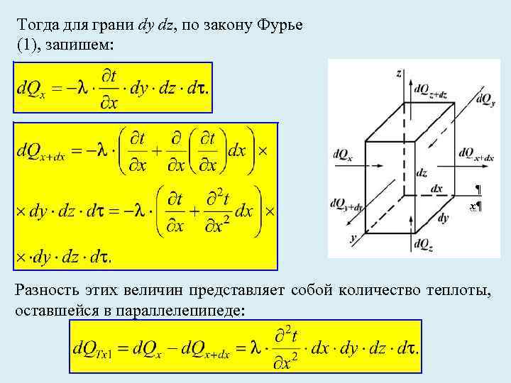 Тогда для грани dy dz, по закону Фурье (1), запишем: Разность этих величин представляет