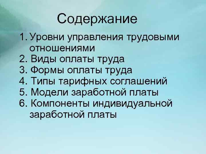Содержание 1. Уровни управления трудовыми отношениями 2. Виды оплаты труда 3. Формы оплаты труда