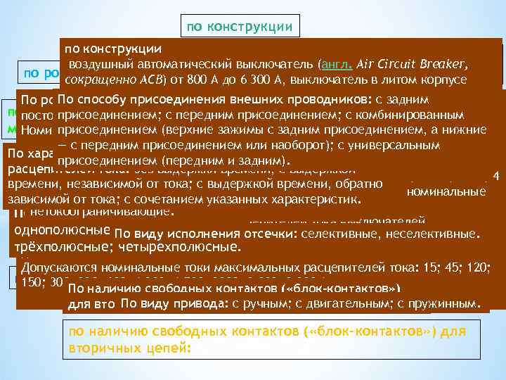 по конструкции по способу присоединения воздушный автоматический выключатель (англ. Air Circuit Breaker, по роду