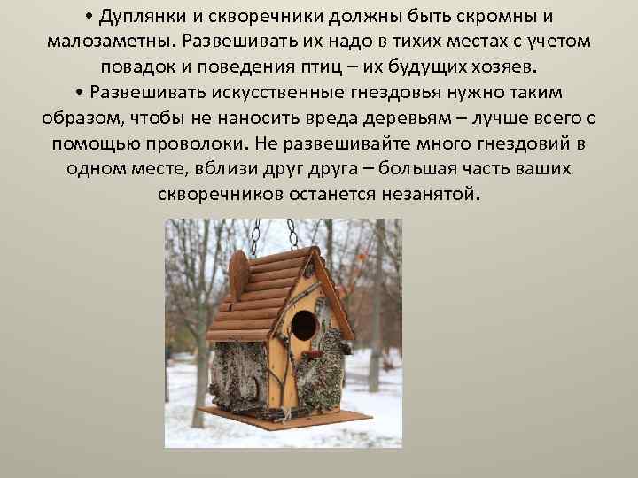  • Дуплянки и скворечники должны быть скромны и малозаметны. Развешивать их надо в