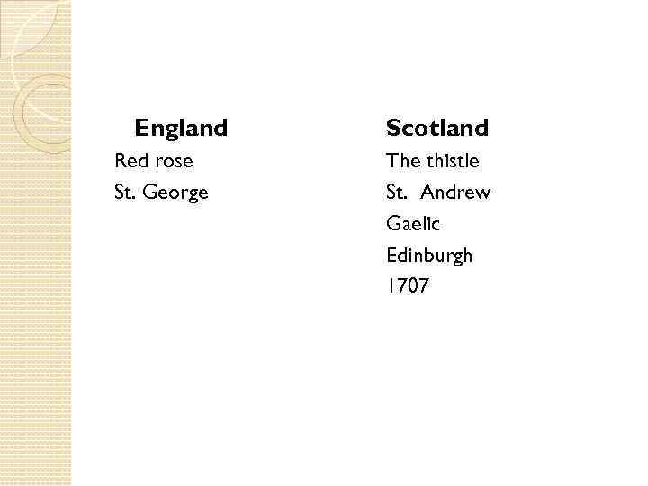 England Red rose St. George Scotland The thistle St. Andrew Gaelic Edinburgh 1707 