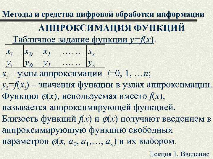 Методы и средства цифровой обработки информации АППРОКСИМАЦИЯ ФУНКЦИЙ Табличное задание функции y=f(x). xi x