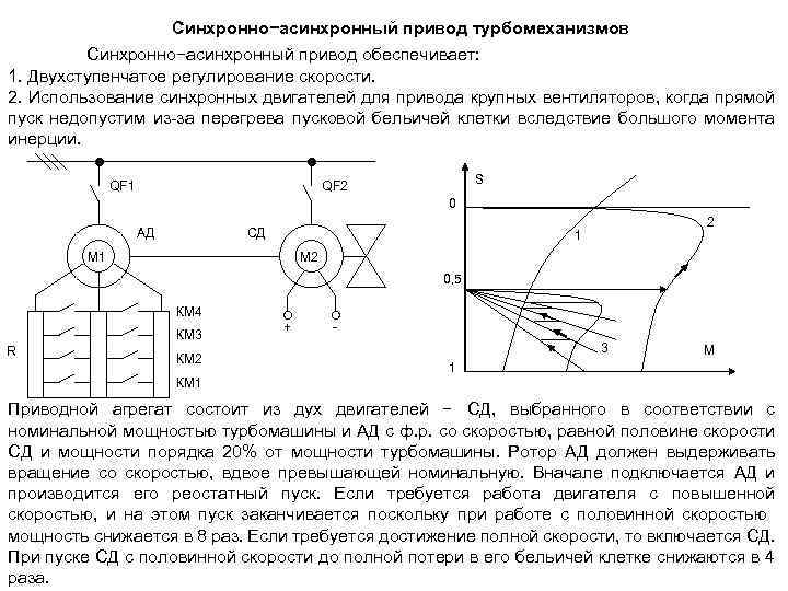 Синхронно−асинхронный привод турбомеханизмов Синхронно−асинхронный привод обеспечивает: 1. Двухступенчатое регулирование скорости. 2. Использование синхронных двигателей