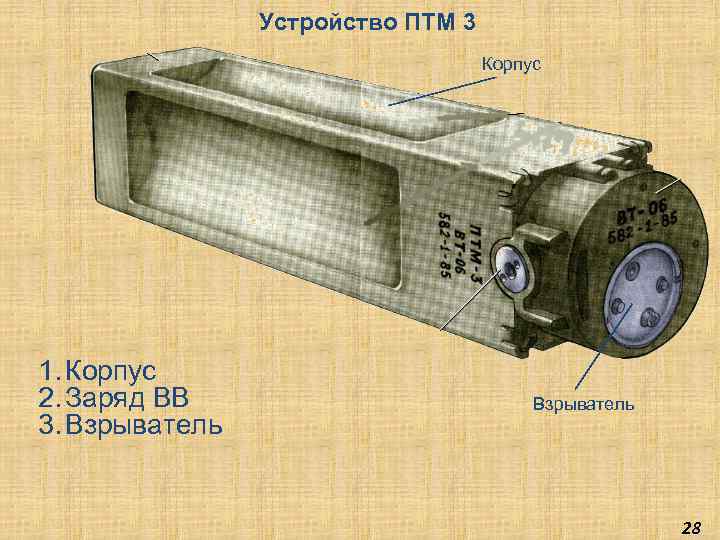 Устройство ПТМ 3 Корпус 1. Корпус 2. Заряд ВВ 3. Взрыватель 28 