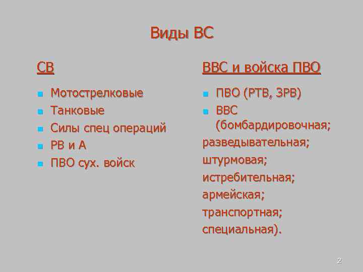 Виды ВС СВ n n n Мотострелковые Танковые Силы спец операций РВ и А