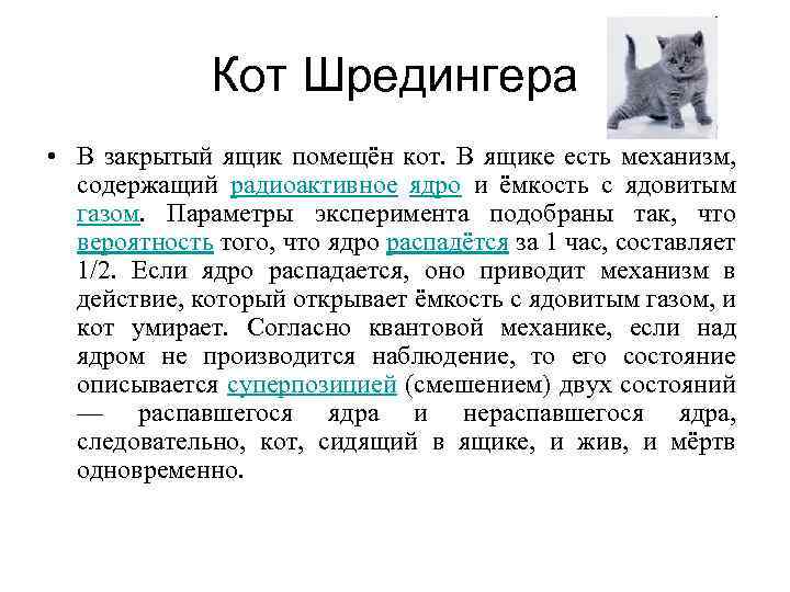 Кот Шредингера • В закрытый ящик помещён кот. В ящике есть механизм, содержащий радиоактивное