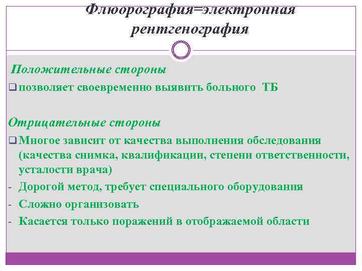 Флюорография=электронная рентгенография Положительные стороны q позволяет своевременно выявить больного ТБ Отрицательные стороны q Многое