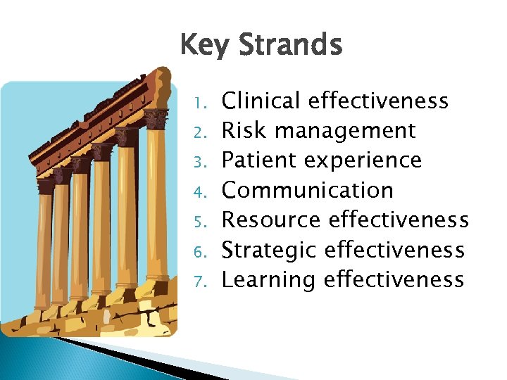 Key Strands 1. 2. 3. 4. 5. 6. 7. Clinical effectiveness Risk management Patient