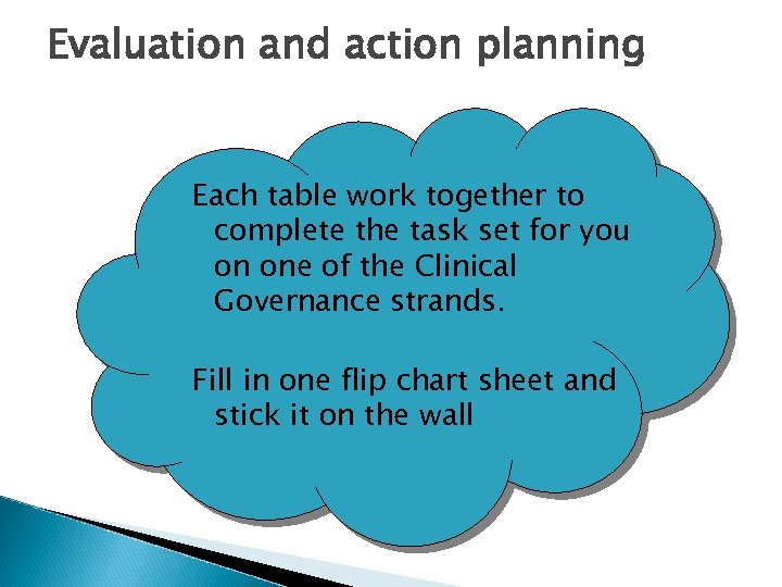 Evaluation and action planning Each table work together to complete the task set for