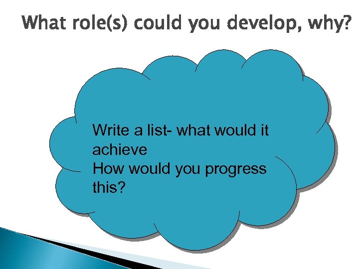 What role(s) could you develop, why? Write a list- what would it achieve How