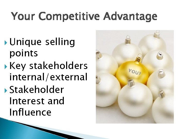 Your Competitive Advantage Unique selling points Key stakeholders internal/external Stakeholder Interest and Influence 