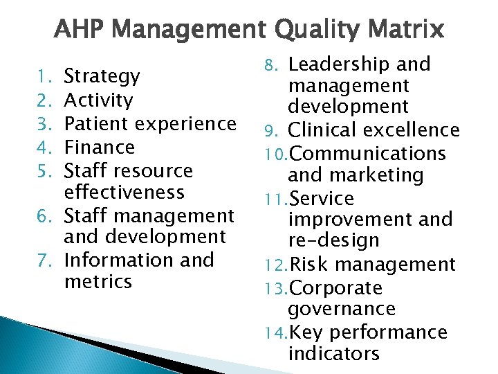 AHP Management Quality Matrix Strategy Activity Patient experience Finance Staff resource effectiveness 6. Staff