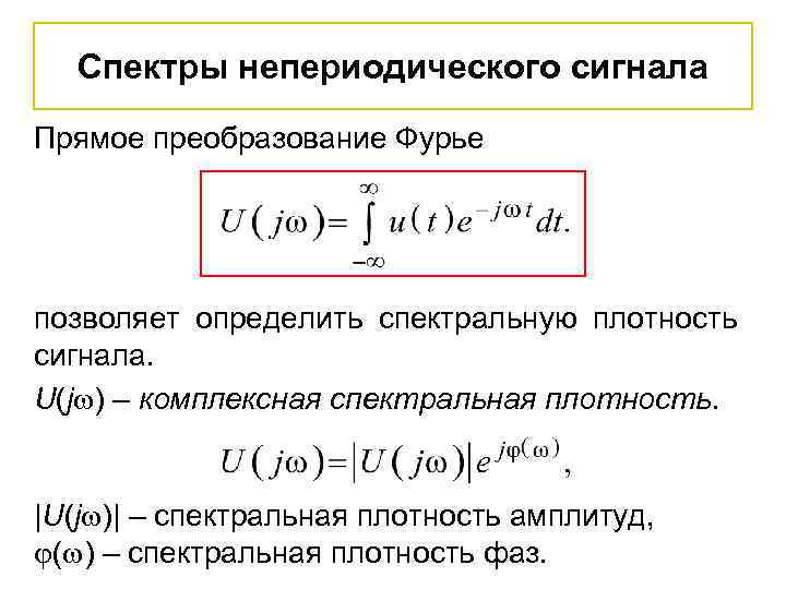 Спектры непериодического сигнала Прямое преобразование Фурье позволяет определить спектральную плотность сигнала. U(j ) –