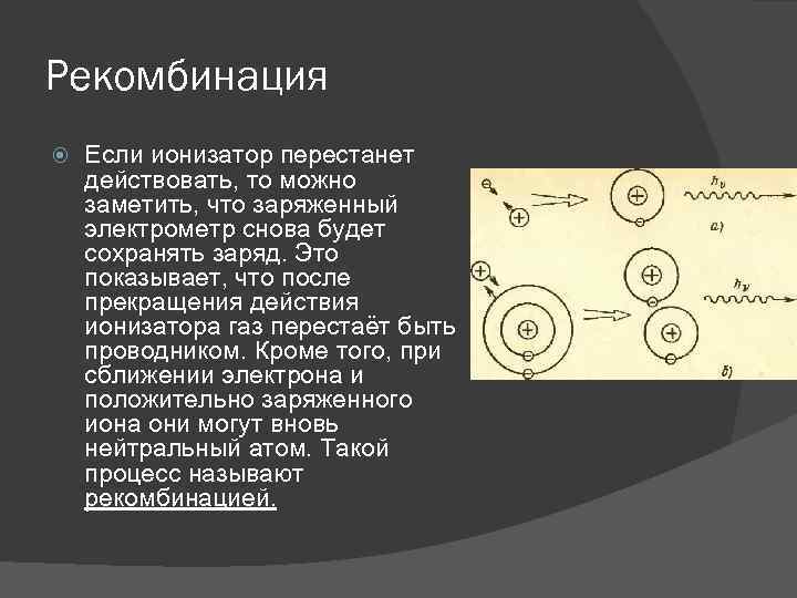 Рекомбинация Если ионизатор перестанет действовать, то можно заметить, что заряженный электрометр снова будет сохранять