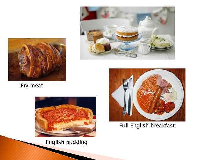 Fry meat Full English breakfast English pudding 