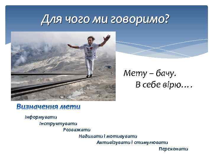 Для чого ми говоримо? Мету – бачу. В себе вірю…. Інформувати Інструктувати Розважати Надихати