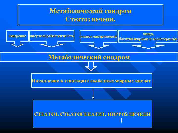 Метаболический синдром Стеатоз печени. ожирение инсулинорезистентность гиперглицеринемия пища, богатая жирами и холестерином Метаболический синдром