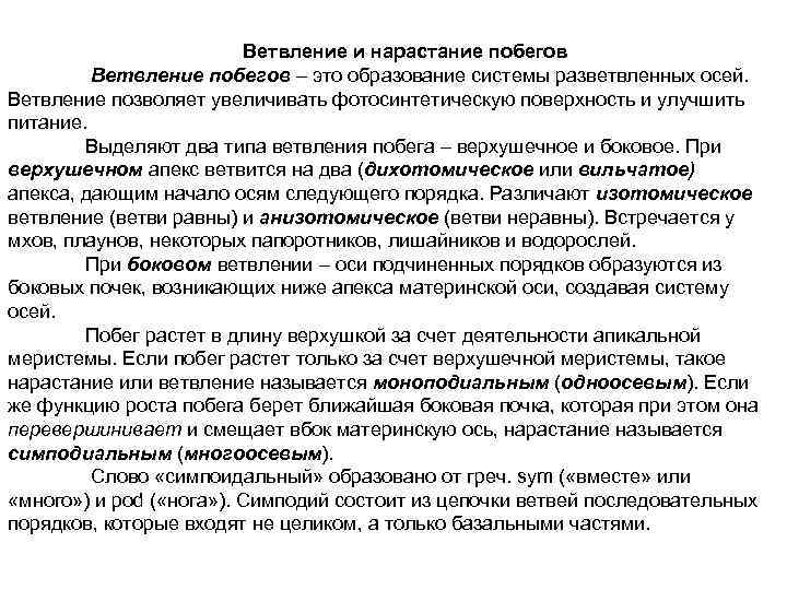 Ветвление и нарастание побегов Ветвление побегов – это образование системы разветвленных осей. Ветвление позволяет