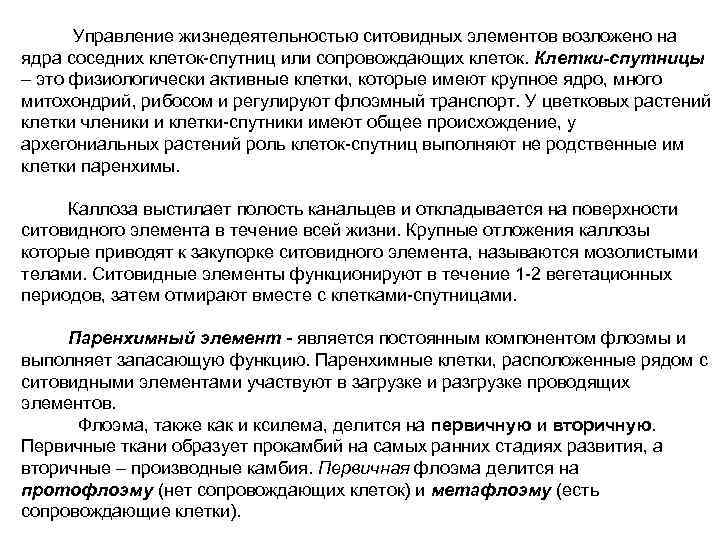  Управление жизнедеятельностью ситовидных элементов возложено на ядра соседних клеток-спутниц или сопровождающих клеток. Клетки-спутницы