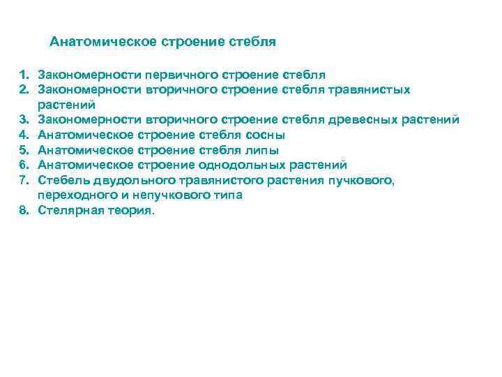  Анатомическое строение стебля 1. Закономерности первичного строение стебля 2. Закономерности вторичного строение стебля