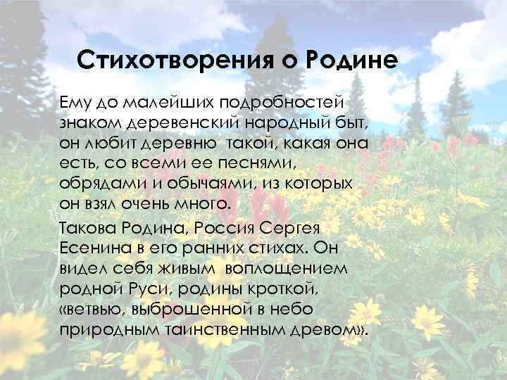 Стихотворения о Родине Ему до малейших подробностей знаком деревенский народный быт, он любит деревню