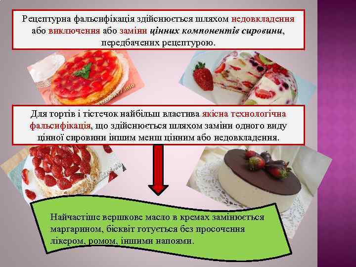 Рецептурна фальсифікація здійснюється шляхом недовкладення або виключення або заміни цінних компонентів сировини, передбачених рецептурою.