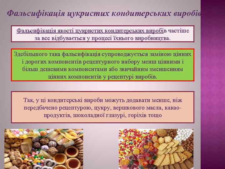 Фальсифікація цукристих кондитерських виробів: Фальсифікація якості цукристих кондитерських виробів частіше за все відбувається у