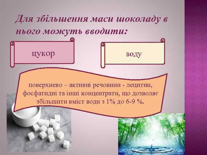 Для збільшення маси шоколаду в нього можуть вводити: цукор воду поверхнево – активні речовини
