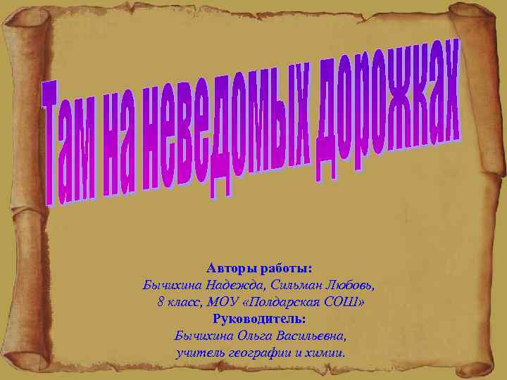 Авторы работы: Бычихина Надежда, Сильман Любовь, 8 класс, МОУ «Полдарская СОШ» Руководитель: Бычихина Ольга