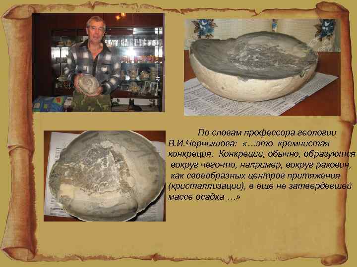 По словам профессора геологии В. И. Чернышова: «…это кремнистая конкреция. Конкреции, обычно, образуются вокруг