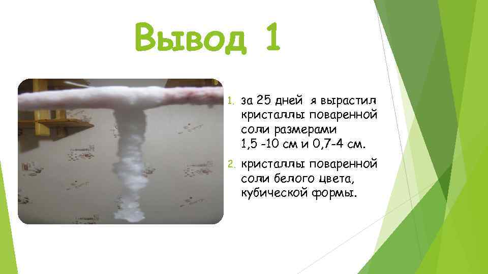 Вывод 1 1. за 25 дней я вырастил кристаллы поваренной соли размерами 1, 5