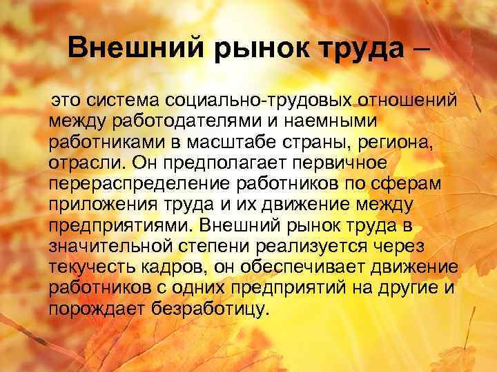 Внешний рынок труда – это система социально-трудовых отношений между работодателями и наемными работниками в