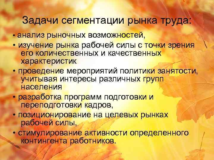 Задачи сегментации рынка труда: • анализ рыночных возможностей, • изучение рынка рабочей силы с