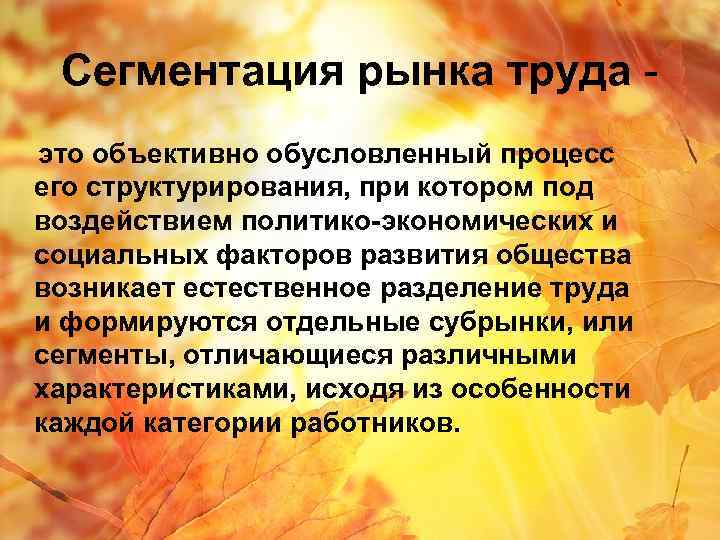 Сегментация рынка труда это объективно обусловленный процесс его структурирования, при котором под воздействием политико-экономических