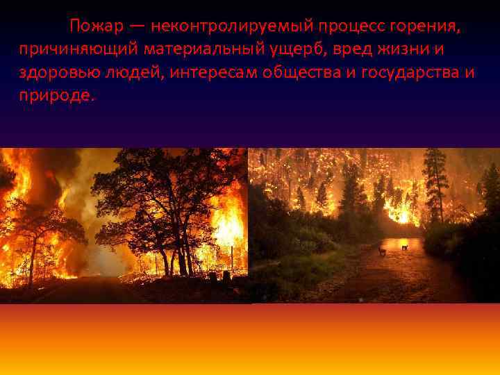 Пожар — неконтролируемый процесс горения, причиняющий материальный ущерб, вред жизни и здоровью людей, интересам