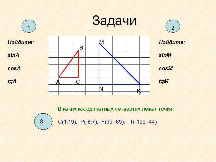 Задачи 1 Найдите: В 2 Найдите: М sin. A sin. М cos. A cos.