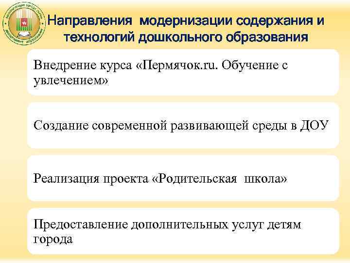 Направления модернизации содержания и технологий дошкольного образования Внедрение курса «Пермячок. ru. Обучение с увлечением»