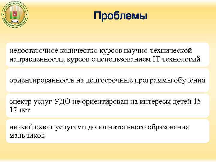 Проблемы недостаточное количество курсов научно-технической направленности, курсов с использованием IT технологий ориентированность на долгосрочные