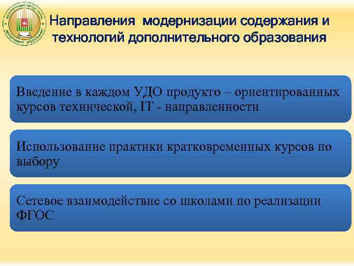 Направления модернизации содержания и технологий дополнительного образования Введение в каждом УДО продукто – ориентированных