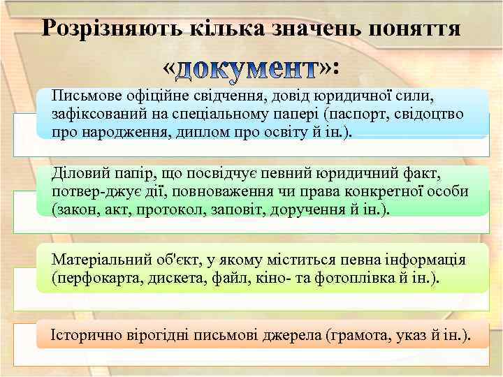 Розрізняють кілька значень поняття « » : Письмове офіційне свідчення, довід юридичної сили, зафіксований